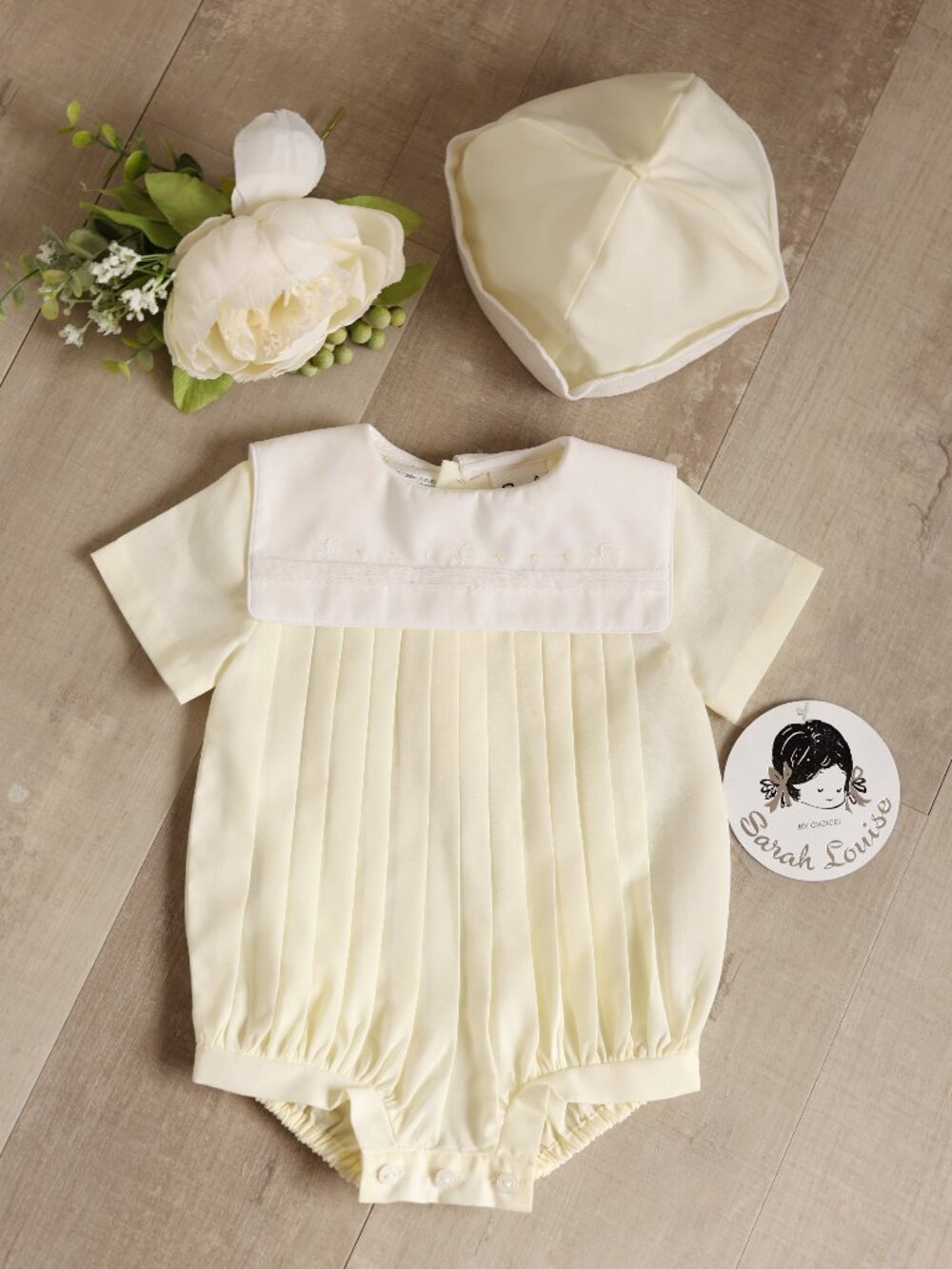Preemie Boy Yellow Heirloom Bubble Romper With Cap Pintucks Nautical Anchor NWT